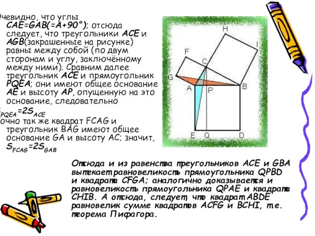 Очевидно, что углы CAE=GAB(=A+90°); отсюда следует, что треугольники ACE и AGB(закрашенные на