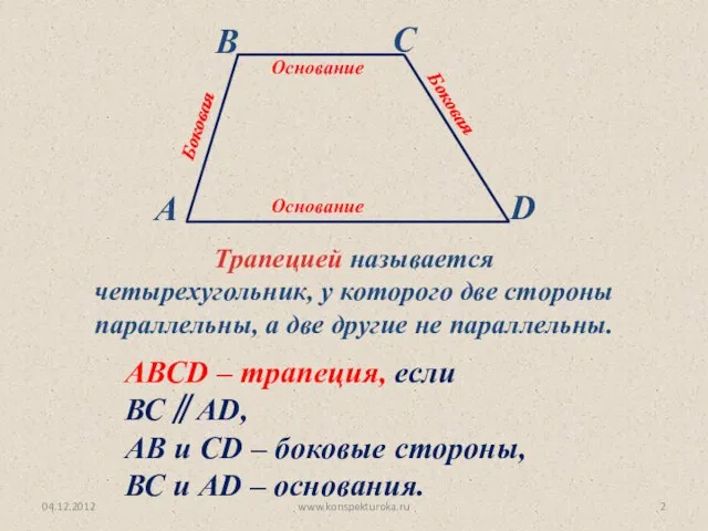 04.12.2012 www.konspekturoka.ru Трапецией называется четырехугольник, у которого две стороны параллельны, а две