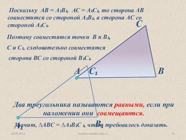 19.09.2012 www.konspekturoka.ru Два треугольника называются равными, если при наложении они совмещаются. А