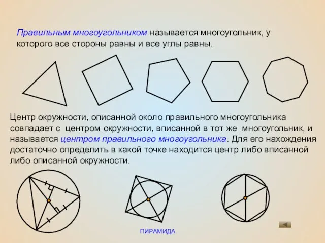 ПИРАМИДА Правильным многоугольником называется многоугольник, у которого все стороны равны и все