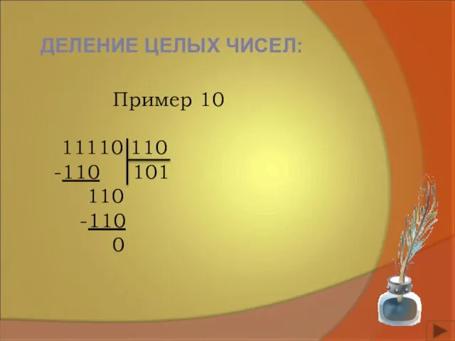 ДЕЛЕНИЕ ЦЕЛЫХ ЧИСЕЛ: Пример 10 11110 110 -110 101 110 -110 0