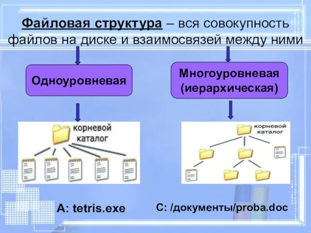Файловая структура – вся совокупность файлов на диске и взаимосвязей между ними