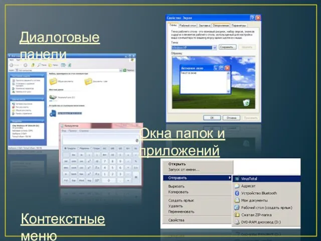 Диалоговые панели Окна папок и приложений Контекстные меню