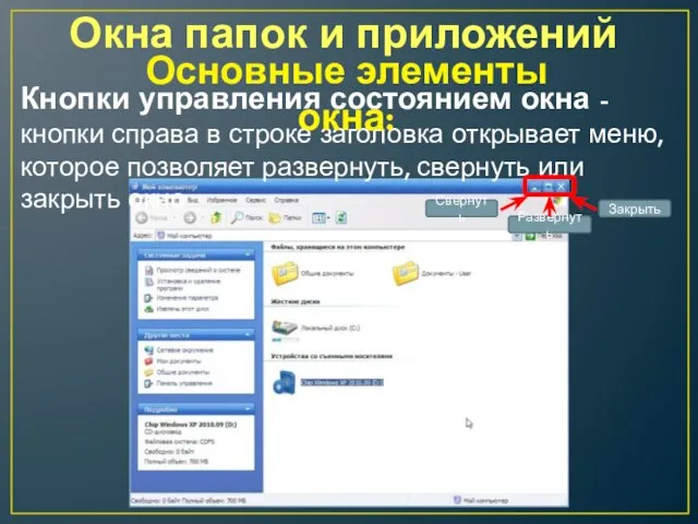 Окна папок и приложений Кнопки управления состоянием окна - кнопки справа в