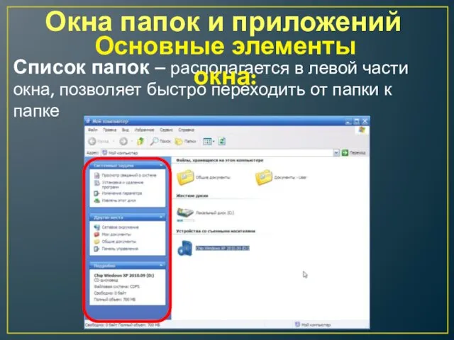 Окна папок и приложений Список папок – располагается в левой части окна,