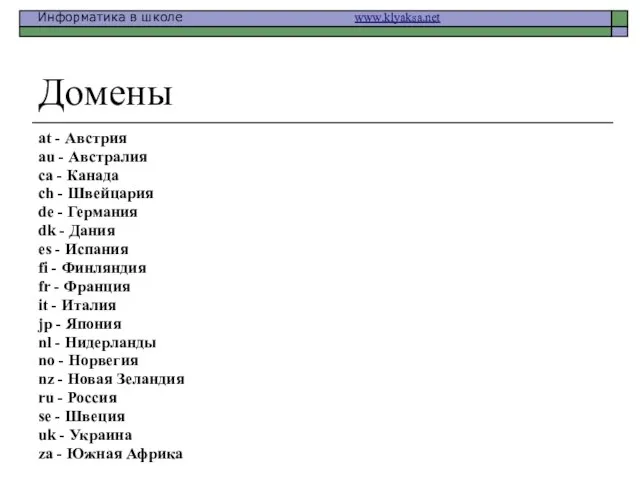 Домены at - Австрия au - Австралия ca - Канада ch -