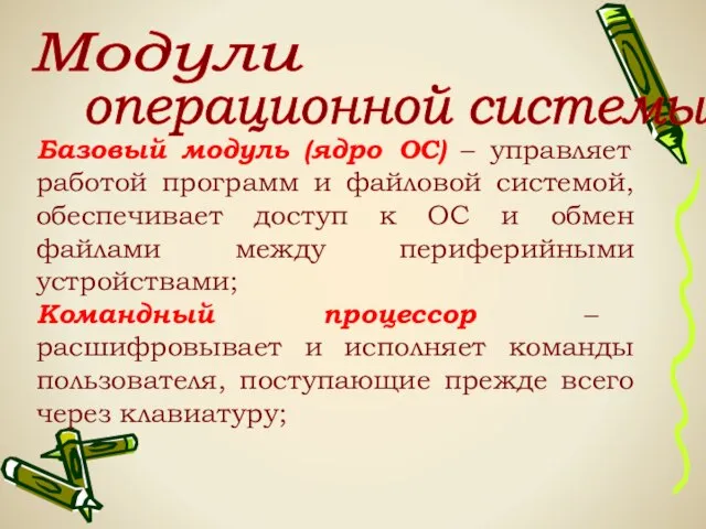 Модули операционной системы: Базовый модуль (ядро ОС) – управляет работой программ и