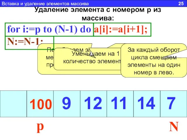 Удаление элемента с номером p из массива: for i:=p to (N-1) do