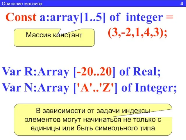 Сonst a:array[1..5] of integer = (3,-2,1,4,3); Массив констант Описание массива 4 Var