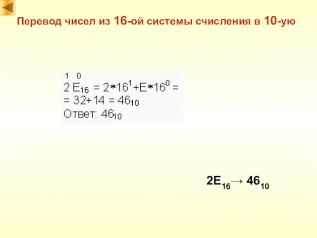2E16→ 4610 Перевод чисел из 16-ой системы счисления в 10-ую
