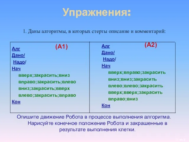 Упражнения: 1. Даны алгоритмы, в которых стерты описание и комментарий: Алг Дано/