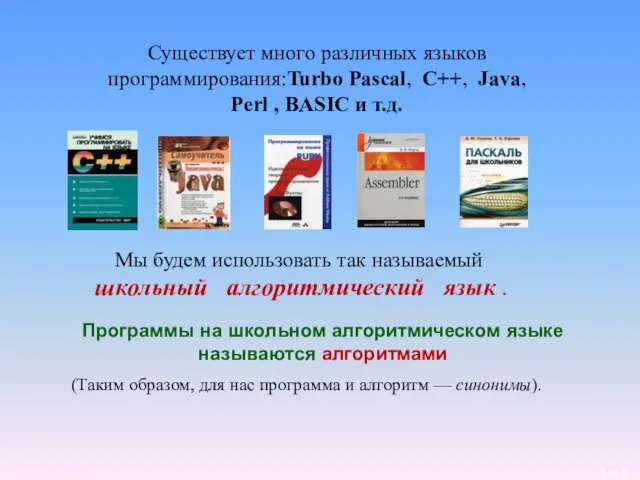 Программы на школьном алгоритмическом языке называются алгоритмами (Таким образом, для нас программа