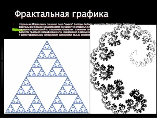 Фрактальная графика треугольник Серпинского, снежинка Коха, "дракон" Хартера-Хейтуея, множество Мандельброта. Построение фрактального