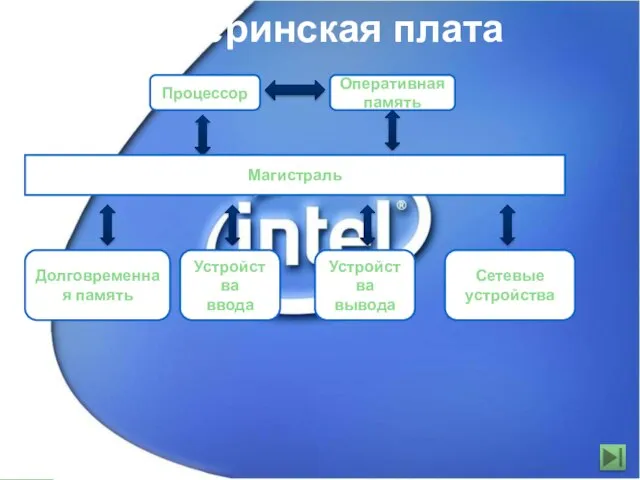 Материнская плата Процессор Оперативная память Магистраль Долговременная память Устройства ввода Устройства вывода Сетевые устройства