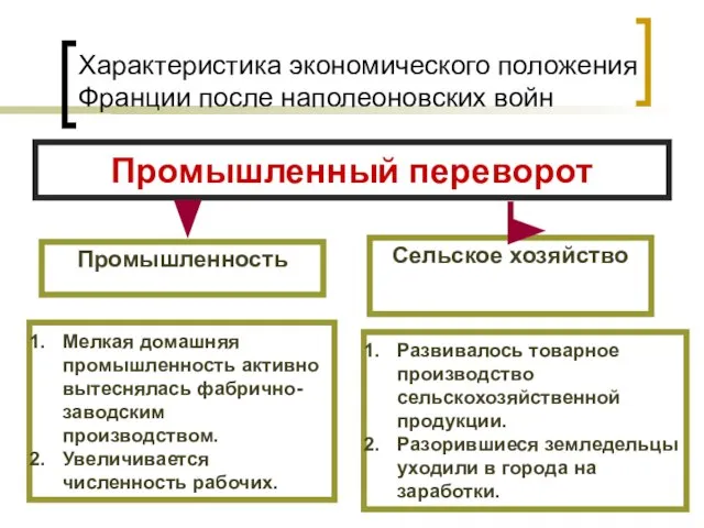 Характеристика экономического положения Франции после наполеоновских войн Промышленный переворот Промышленность Сельское хозяйство