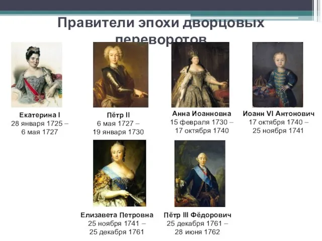 Правители эпохи дворцовых переворотов Екатерина I 28 января 1725 – 6 мая