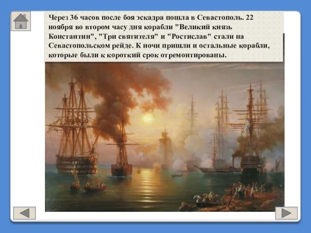 Через 36 часов после боя эскадра пошла в Севастополь. 22 ноября во