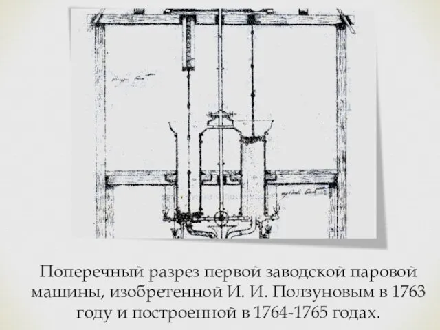 Поперечный разрез первой заводской паровой машины, изобретенной И. И. Ползуновым в 1763