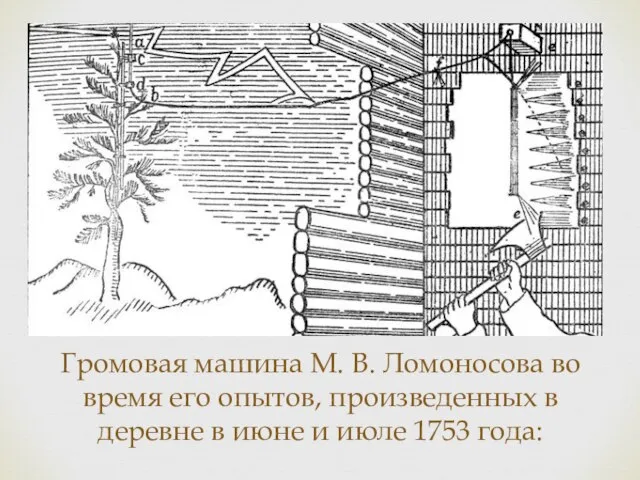 Громовая машина М. В. Ломоносова во время его опытов, произведенных в деревне