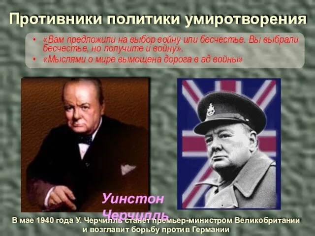 Противники политики умиротворения «Вам предложили на выбор войну или бесчестье. Вы выбрали