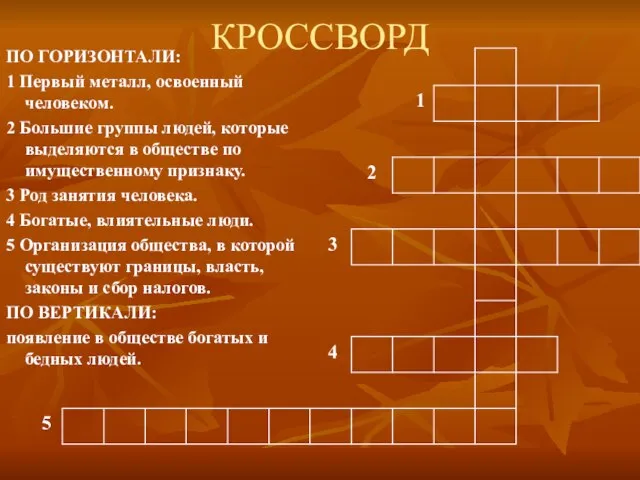 КРОССВОРД ПО ГОРИЗОНТАЛИ: 1 Первый металл, освоенный человеком. 2 Большие группы людей,