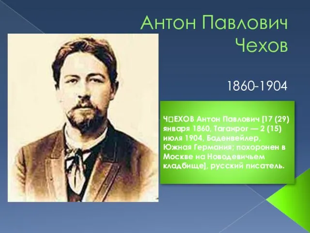 Презентация на тему Антон Павлович Чехов 1860-1904