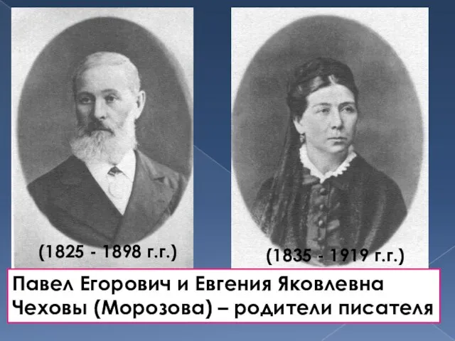 Павел Егорович и Евгения Яковлевна Чеховы (Морозова) – родители писателя (1825 -