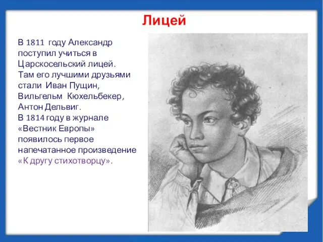 Лицей В 1811 году Александр поступил учиться в Царскосельский лицей. Там его