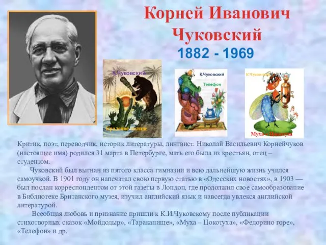 Корней Иванович Чуковский Критик, поэт, переводчик, историк литературы, лингвист. Николай Васильевич Корнейчуков