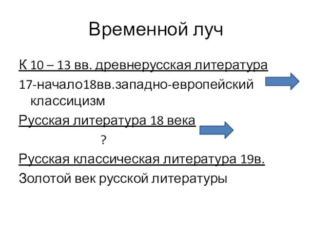 Временной луч К 10 – 13 вв. древнерусская литература 17-начало18вв.западно-европейский классицизм Русская