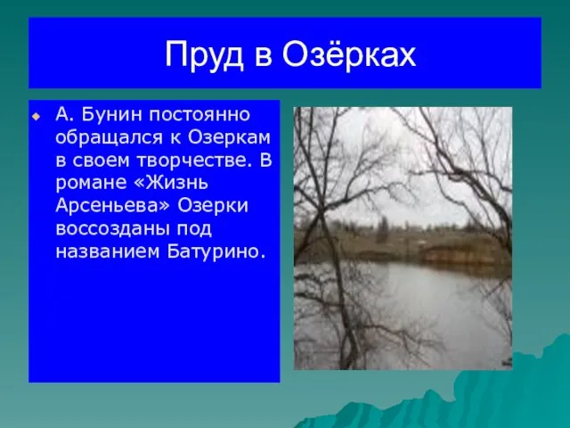 Пруд в Озёрках А. Бунин постоянно обращался к Озеркам в своем творчестве.