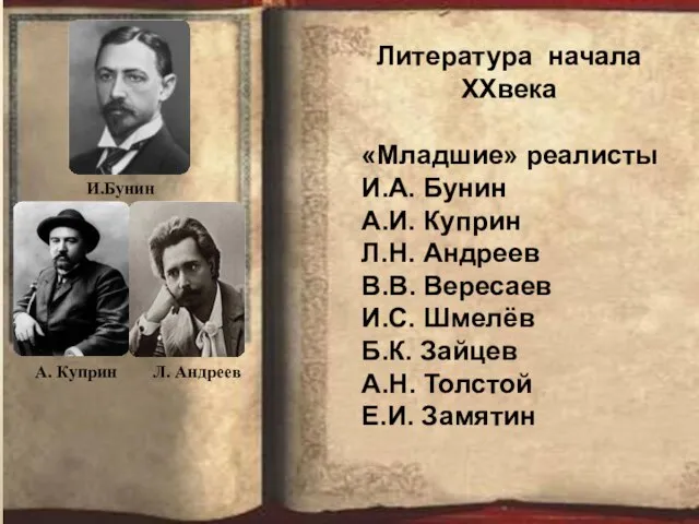 Литература начала XXвека «Младшие» реалисты И.А. Бунин А.И. Куприн Л.Н. Андреев В.В.