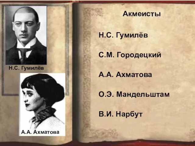 Акмеисты Н.С. Гумилёв С.М. Городецкий А.А. Ахматова О.Э. Мандельштам В.И. Нарбут Н.С. Гумилёв А.А. Ахматова