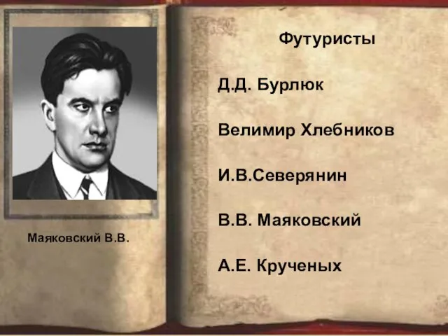 Футуристы Д.Д. Бурлюк Велимир Хлебников И.В.Северянин В.В. Маяковский А.Е. Крученых Маяковский В.В.