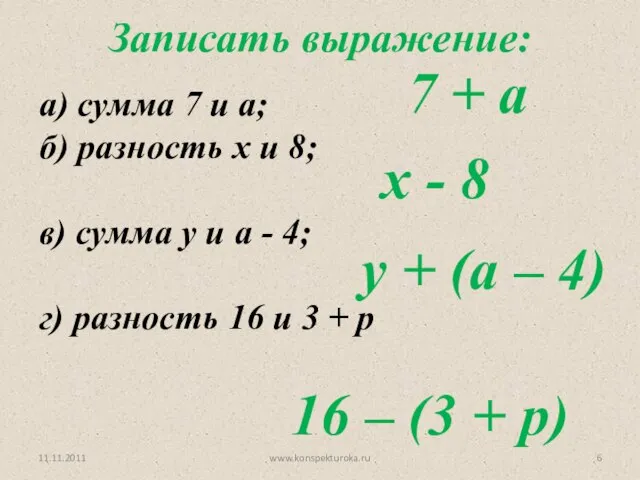 11.11.2011 www.konspekturoka.ru Записать выражение: а) сумма 7 и а; б) разность х