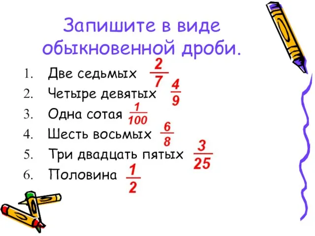 Запишите в виде обыкновенной дроби. Две седьмых Четыре девятых Одна сотая Шесть