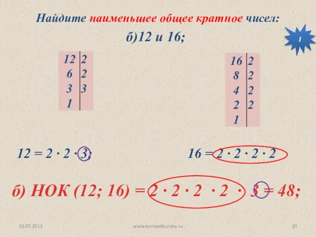 10.05.2012 www.konspekturoka.ru б) НОК (12; 16) = 2 ∙ 2 ∙ 2