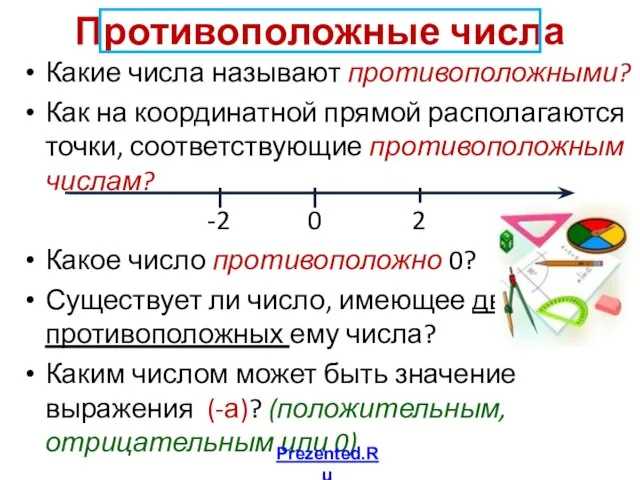 Презентация на тему Противоположные числа Какие числа называют противоположными? Как на координатной прямой располагаются точк