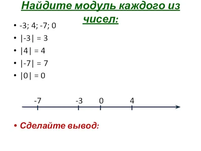 Найдите модуль каждого из чисел: -3; 4; -7; 0 |-3| = 3