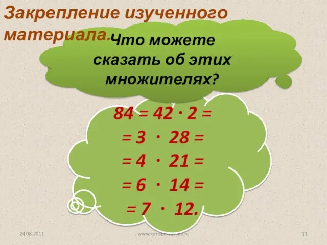 24.08.2011 www.konspekturoka.ru Разложите на 2 множителя число 84. 84 = 42 ∙