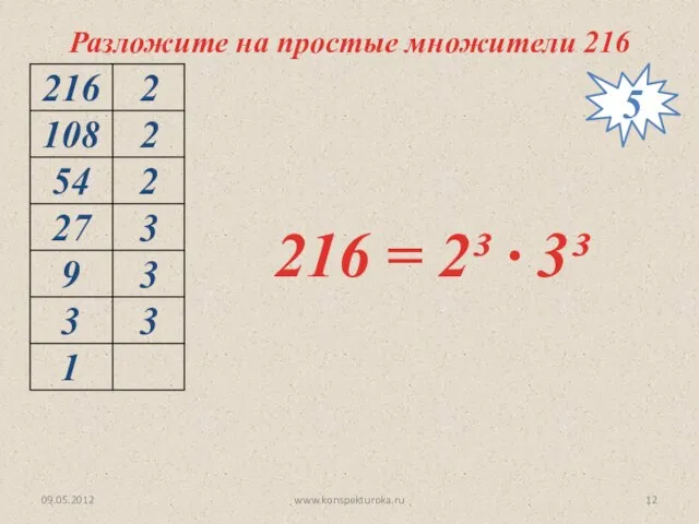 09.05.2012 www.konspekturoka.ru 216 = 2³ ∙ 3³ Разложите на простые множители 216 5