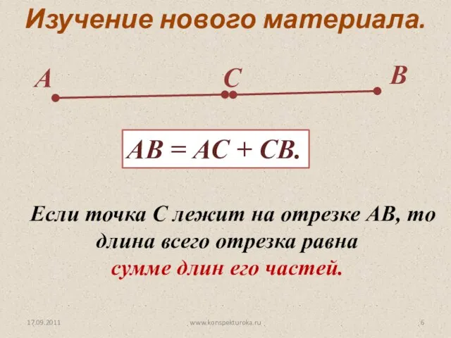 17.09.2011 Если точка С лежит на отрезке АВ, то длина всего отрезка