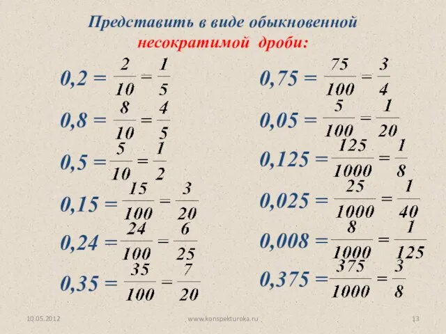 Представить в виде обыкновенной несократимой дроби: 0,2 = 0,8 = 0,5 =