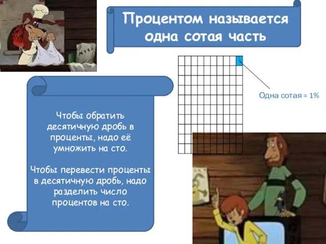 Процентом называется одна сотая часть Одна сотая = 1% Чтобы обратить десятичную