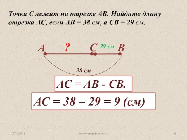 17.09.2011 www.konspekturoka.ru Точка С лежит на отрезке АВ. Найдите длину отрезка АС,