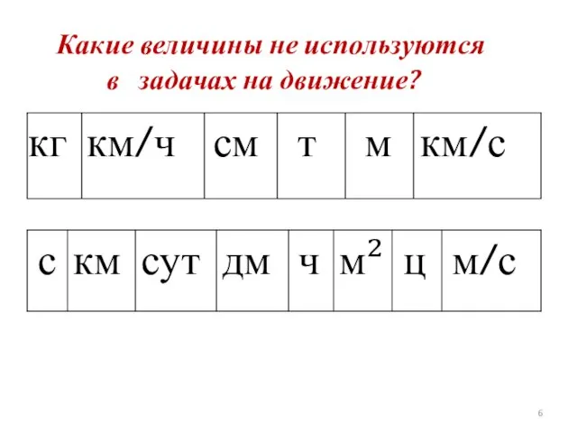 Какие величины не используются в задачах на движение? кг км/ч см т