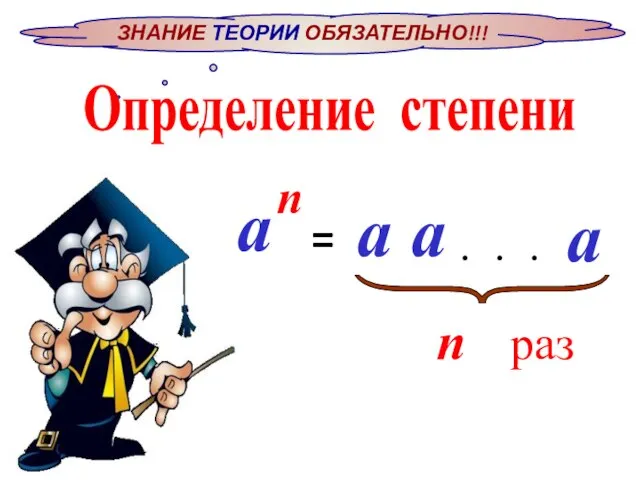 ЗНАНИЕ ТЕОРИИ ОБЯЗАТЕЛЬНО!!! Определение степени = раз n а п а а а • • •