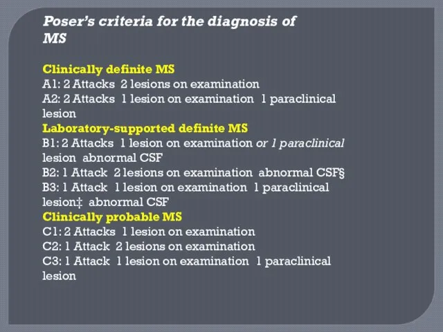 Poser’s criteria for the diagnosis of MS Clinically definite MS A1: 2