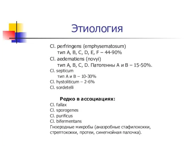 Этиология Cl. perfringens (emphysematosum) тип A, B, C, D, E, F –