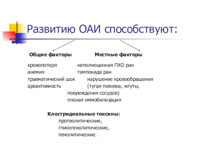 Развитию ОАИ способствуют: Общие факторы Местные факторы кровопотеря неполноценная ПХО ран анемия